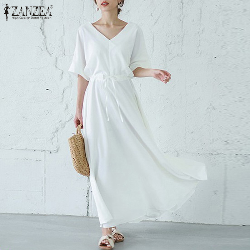 ZANZEA Women's Casual Waist Drawstring V-Neck Solid Color Short Sleeve Dress | BigBuy360 - bigbuy360.vn