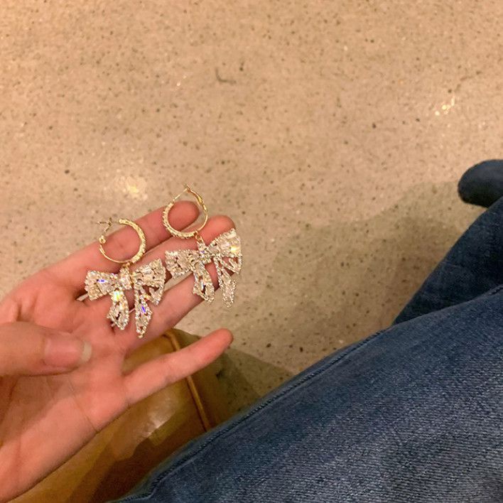 Đôi khuyên tai mạ bạc 925 hình nơ đính kim cương giả sang trọng