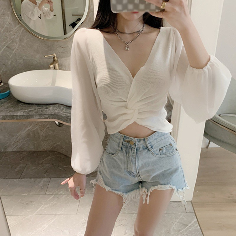 Design V-neck Cross Knotted Knitted Chiffon Stitching Top