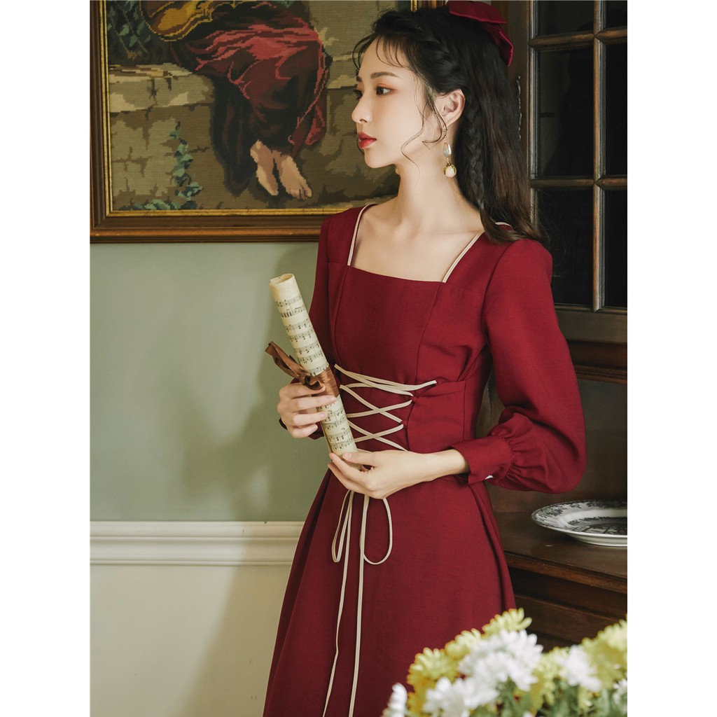 Váy đầm thiết kế vintage classic cổ điển retro màu đỏ tiểu thư dáng xòe dài quá gối đan dây cổ vuông bigsize công sở