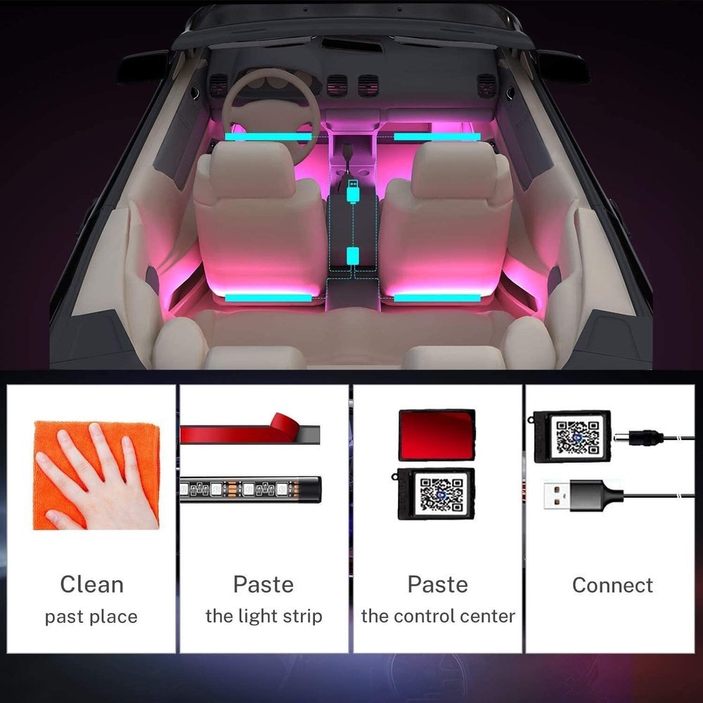 Dây Đèn LED RGB Nhiều Màu Điều Khiển Bằng Giọng Nói Trang Trí Xe Hơi