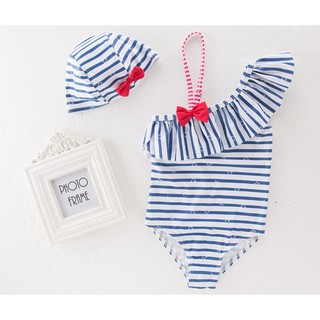 Bộ bơi liền lệch vai kẻ xanh cho bé gái 2-6y