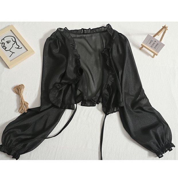 áo sơ mi chiffon croptop khoác mỏng cardigan phối dây rút chống nắng phong cách hàn quốc dễ phối đồ thời trang mùa hè cho nữ