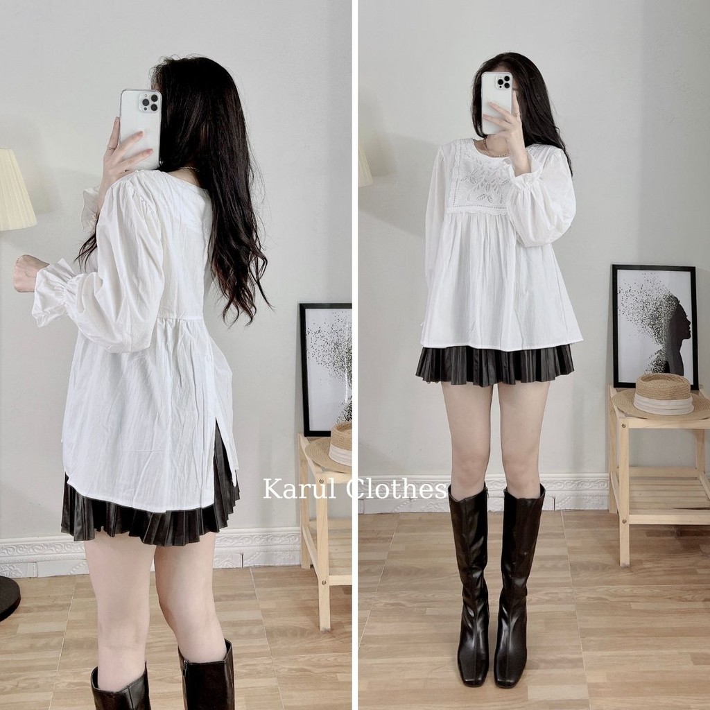 Áo sơ mi nữ hoa ren babydoll trước ngực dài tay , áo sơ mi nữ babydoll dài tay