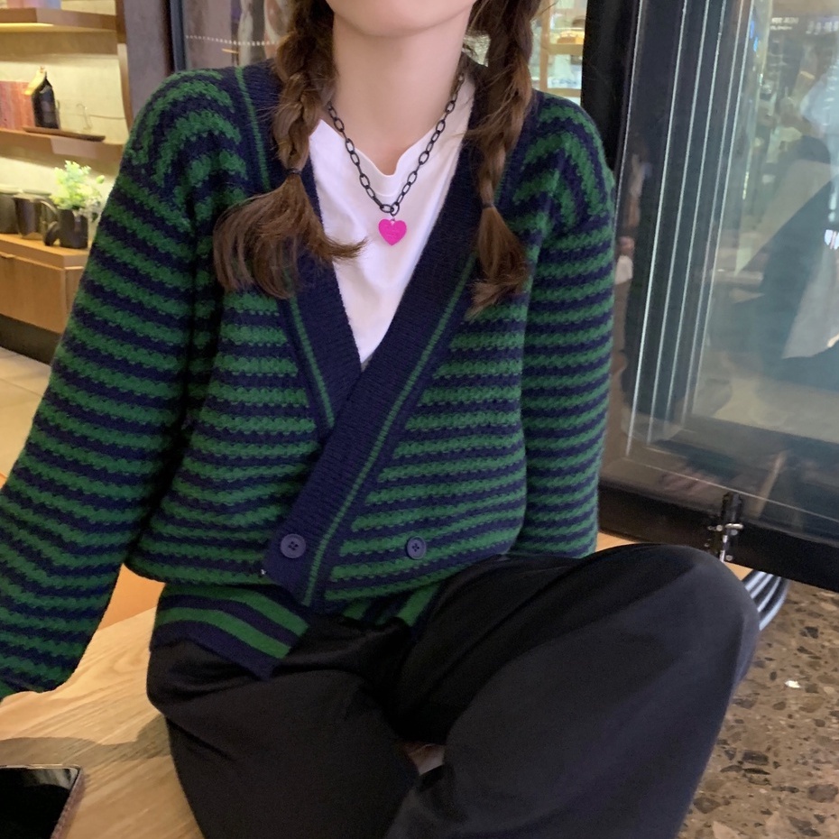 Áo Khoác Cardigan Dệt Kim Dáng Rộng Họa Tiết Kẻ Sọc Thời Trang Mùa Thu Phong Cách Hàn Quốc Mới Cho Nữ