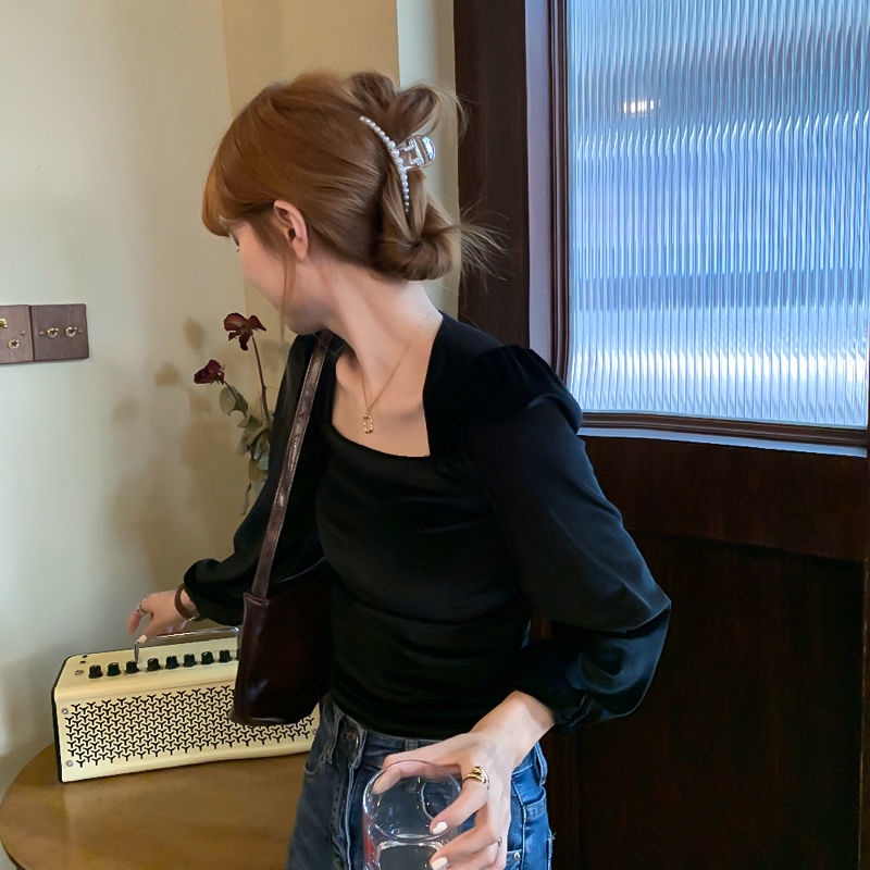 IELGY Áo Nhung Tay Dài Phồng Cổ Vuông Thời Trang Retro Cho Nữ