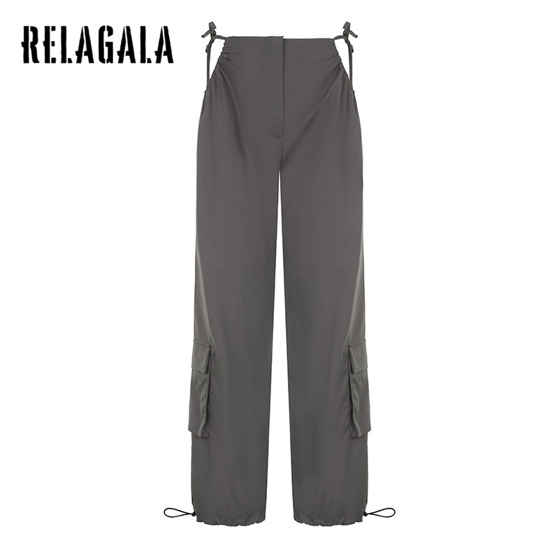 Relagala Quần Dệt Dáng Rộng Thắt Nơ Không Eo Có Túi Cho Nữ