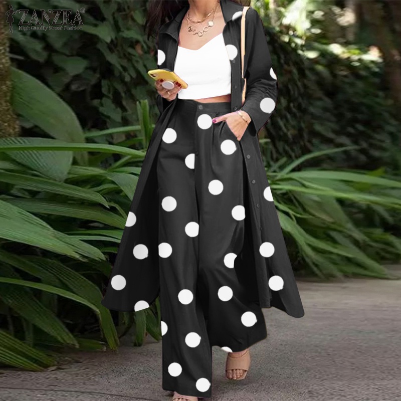 Set đồ Zanzea gồm áo sơ mi chấm bi dài tay cổ bẻ + quần dài ống rộng thời trang cho nữ