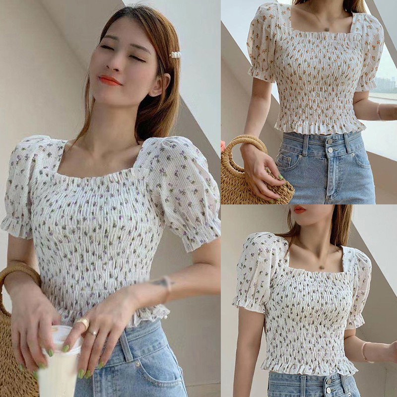 Áo Kiểu Tay Ngắn Cổ Vuông Họa Tiết Hoa Xinh Xắn Cho Nữ