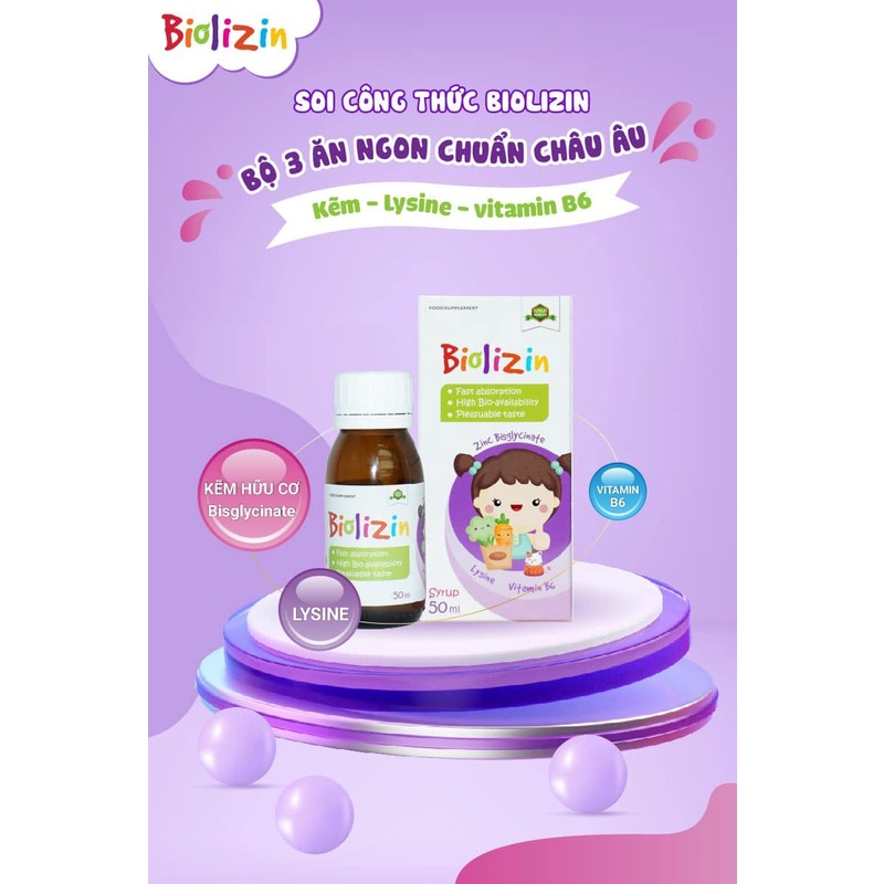 Biolizin Kẽm Hữu Cơ Lysine B6 Giúp Bé Ăn Ngon Tăng Đề Kháng Chai 50ml