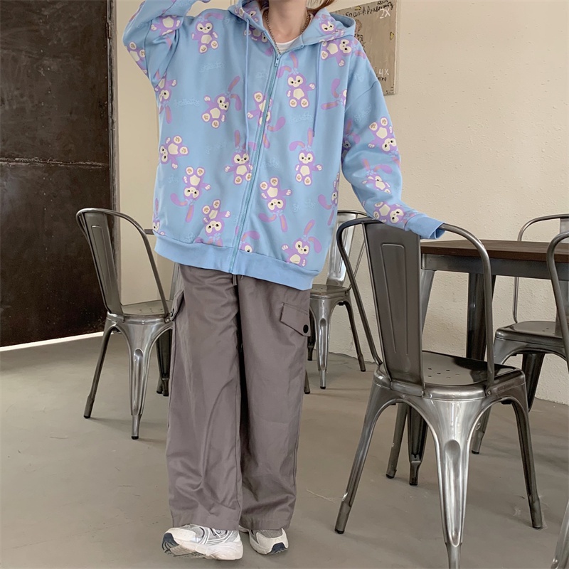 Áo Khoác Hoodie Dáng Rộng In Họa Tiết Phối Khóa Kéo Cá Tính Cho Nữ