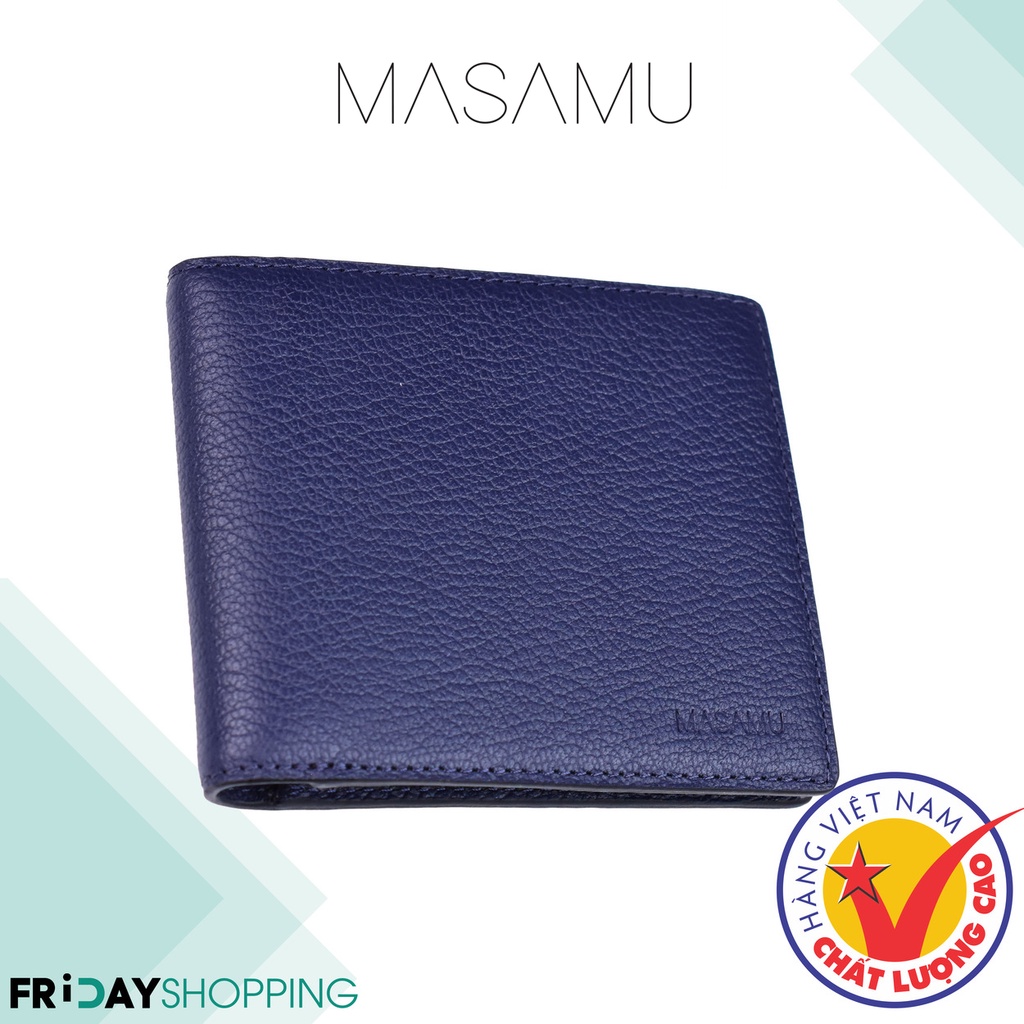 Ví da bò nam MASAMU Bulk màu xanh Navy dạng ngang 3 ngăn