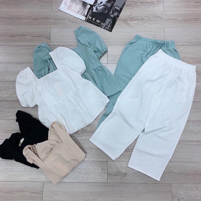 Set bộ lụa đũi hàng đẹp mát mùa hè ( đen , trắng, xanh , be ) áo cổ vuông tay bồng nhún eo, quần cạp chun . Hàng có sẵn,
