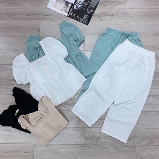 Set bộ lụa đũi hàng đẹp mát mùa hè ( đen , trắng, xanh , be ) áo cổ vuông tay bồng nhún eo, quần cạp chun . Hàng có sẵn,