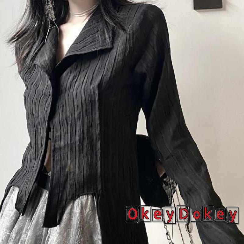 Áo sơ mi dài tay cổ bẻ gài nút màu đen phong cách cổ điển thời trang cho nữ