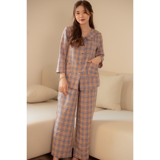 SP000131 Bộ ngủ kẻ dáng dài cổ đôi