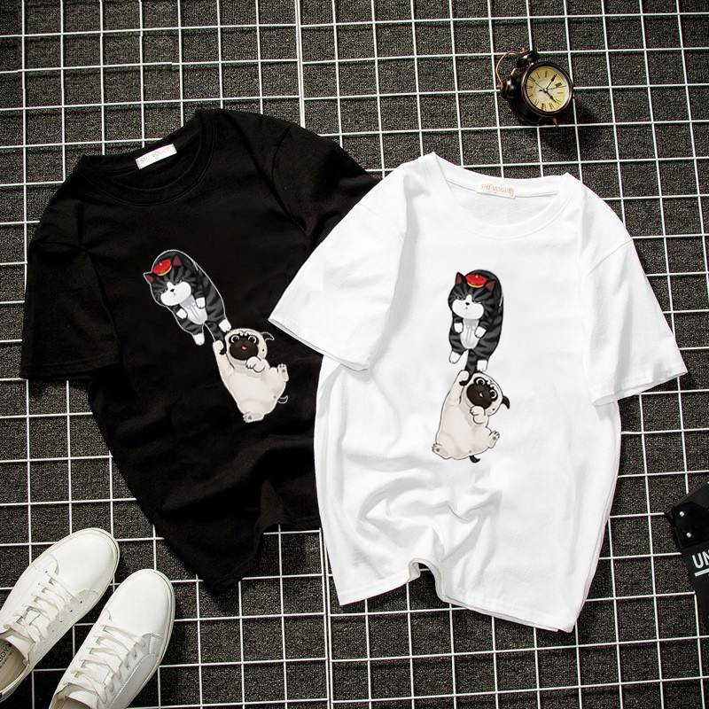 Áo thun unisex form rộng mèo hoàng thượng và chó pug vải dày mịn 2019T2137