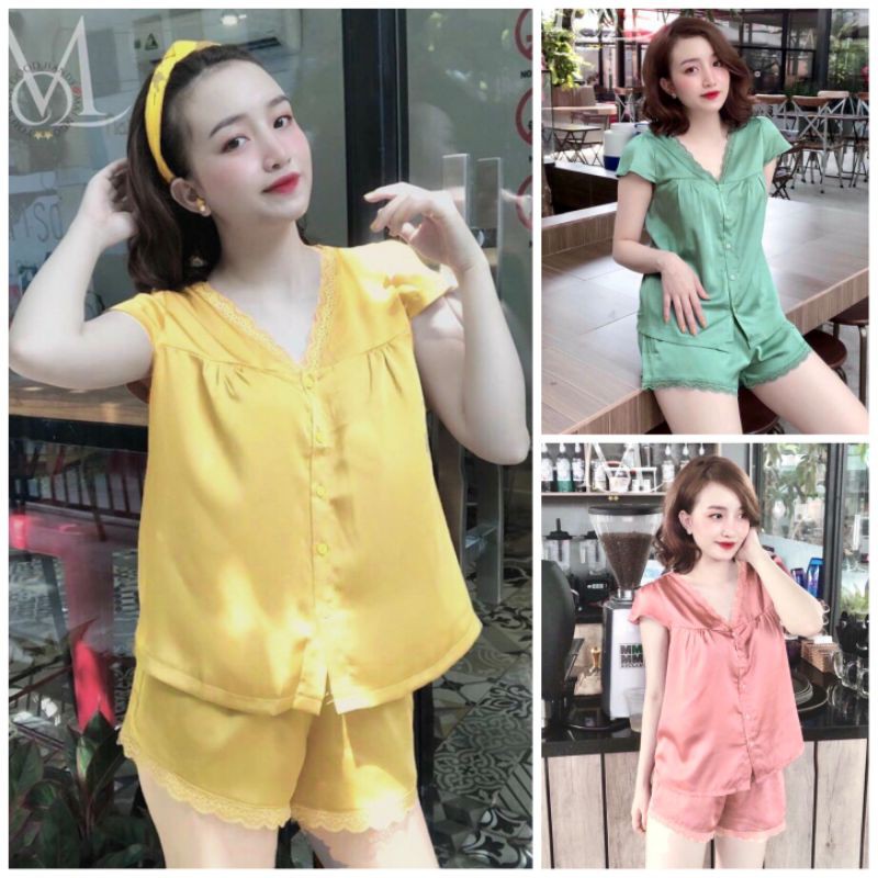Bộ ngủ lụa satin babydoll phối ren tay cánh tiên siêu xinh