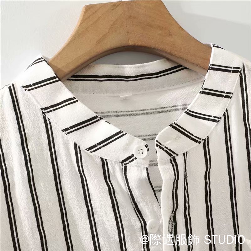 Áo Sơ Mi Vải Lanh cotton Cổ Đứng Họa Tiết Kẻ Sọc 3 Màu Tùy Chọn Phong Cách Nhật Bản Size m-3xl