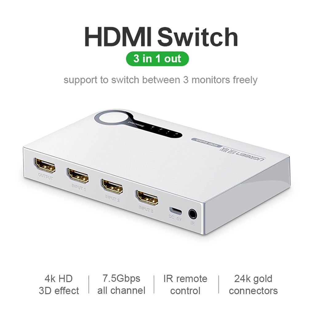 Bộ Gộp 3 Cổng HDMI 4k@60Hz Chính Hãng UGREEN 40234, 50709 - Kết Nối 3 Thiế Bị Với 1 Màn Hình