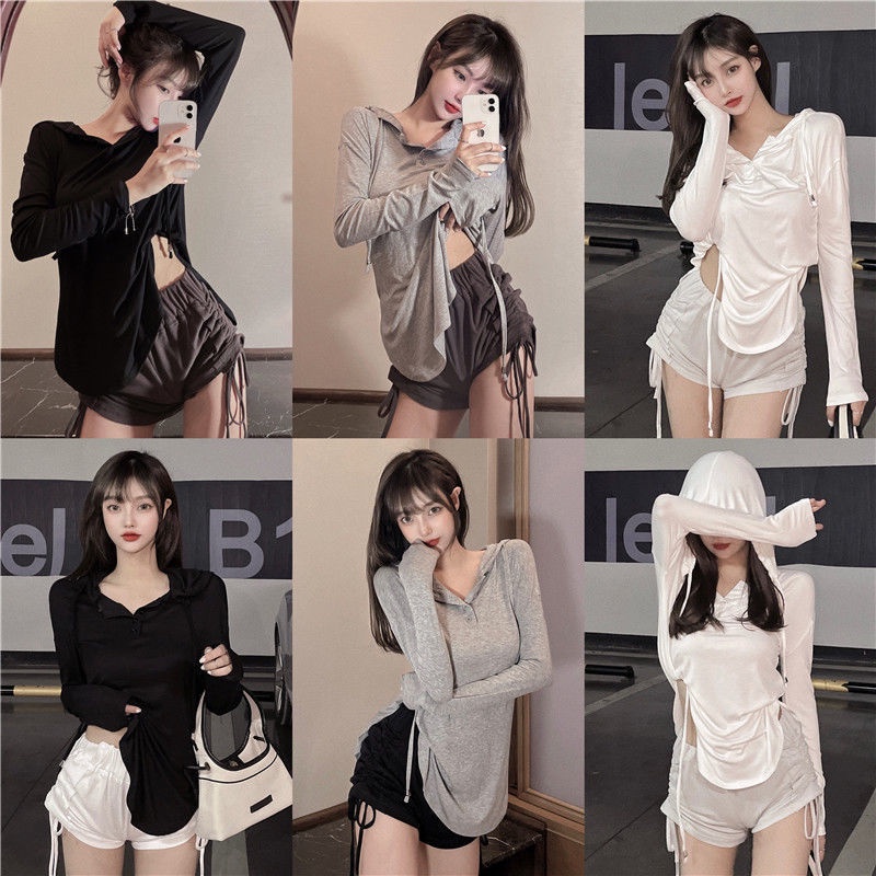 Bộ Áo Hoodie + Quần Short Lưng Cao Phối Dây Rút Thời Trang Mùa Hè Hàn Quốc Cho Nữ 2021