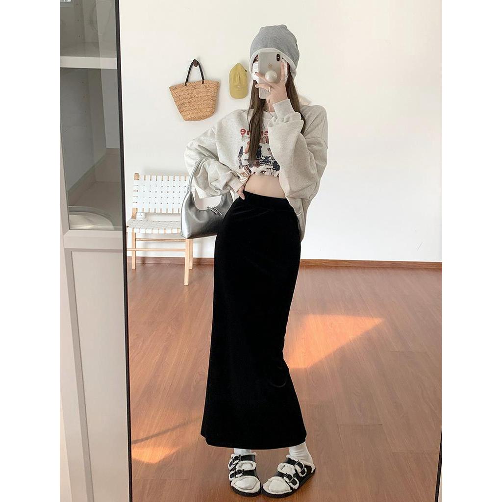 66896 phong cách mới váy nhung nữ cạp cao mid-length hip-covered