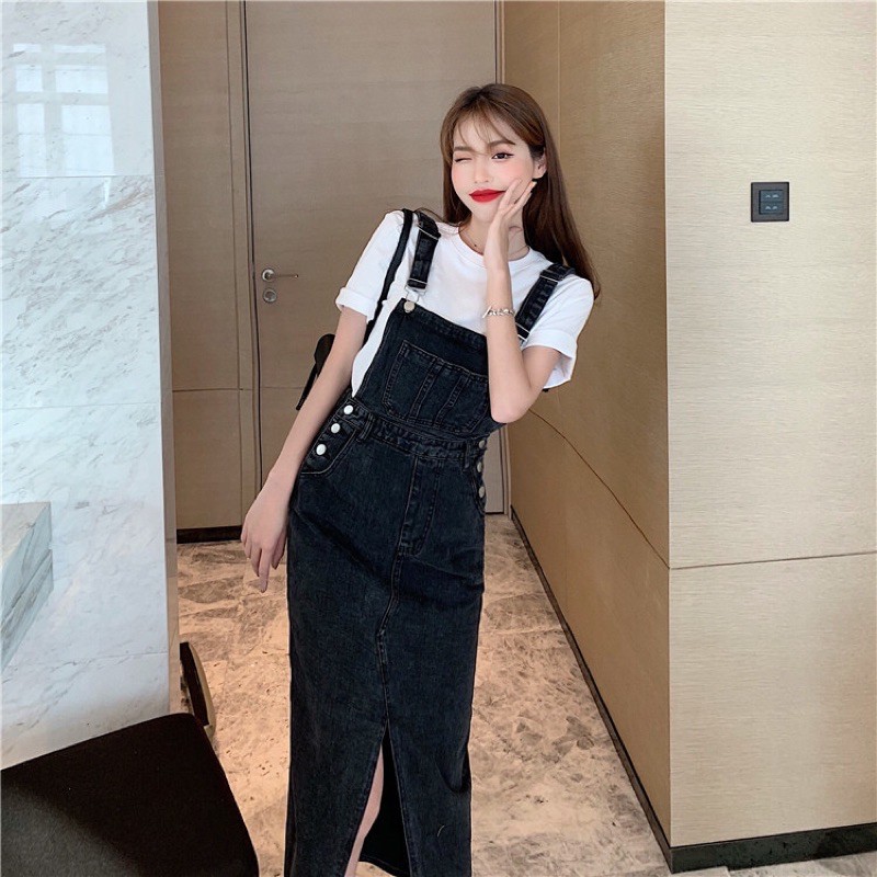 Váy yếm bò jeans ulzzang xẻ tà trước giành cho nữ