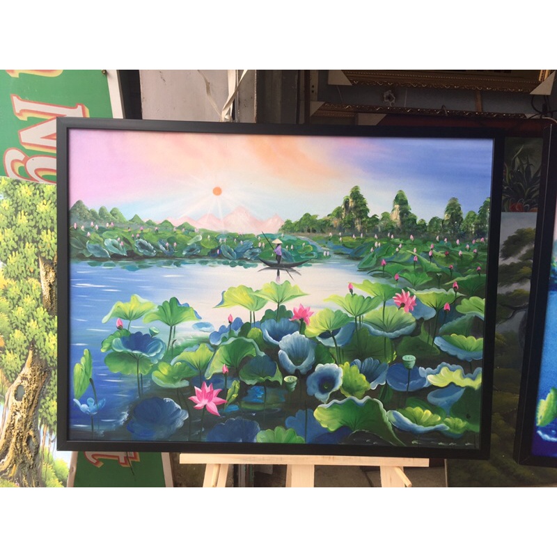 Tranh treo tường  tranh CANVAS , Tranh sơn dầu( tranh vẽ tay)mẫu hoa sen kích thước 60* 80cm( kèm khung cao cấp).