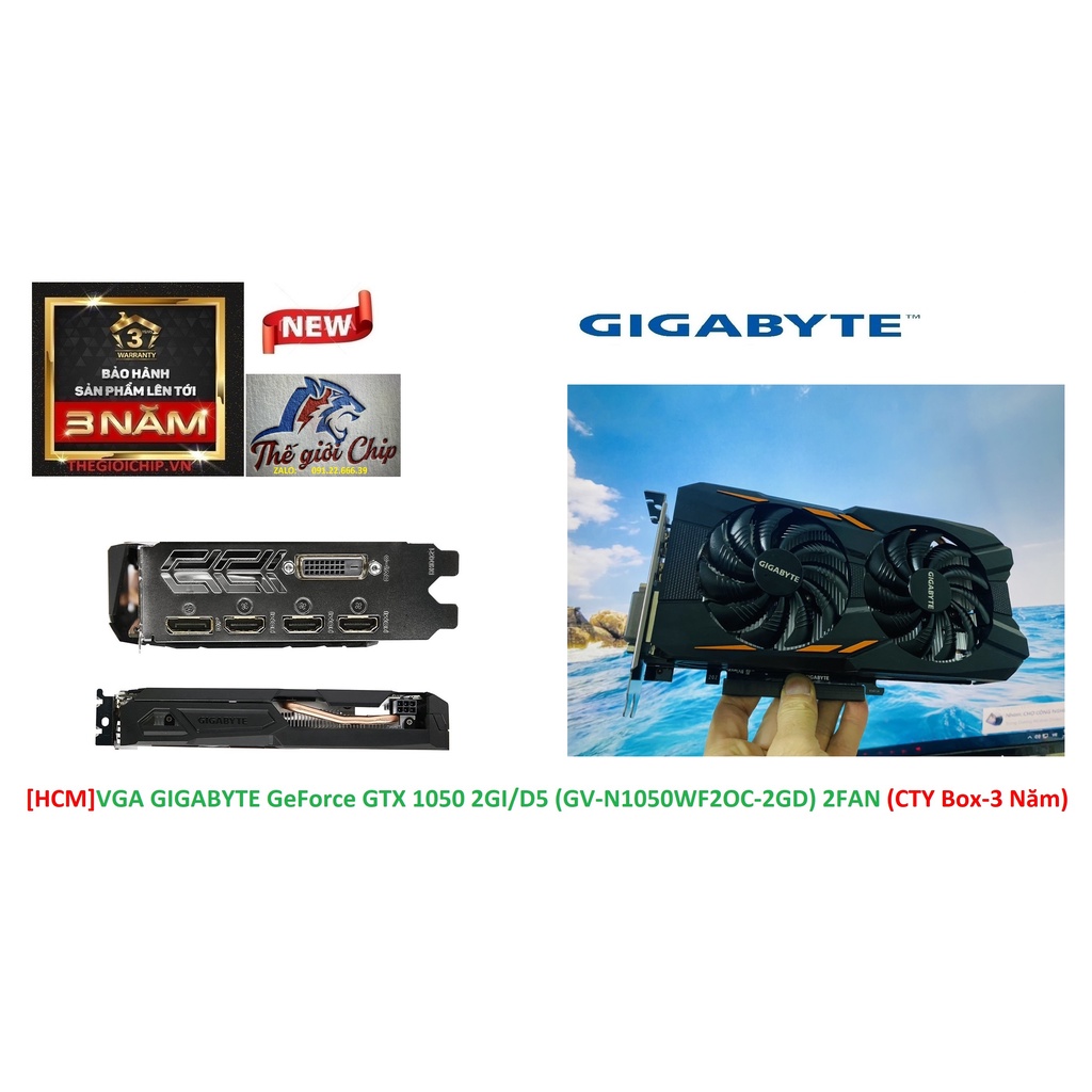 VGA (Cạc màn hình) GIGABYTE GeForce GTX 1050 2GI/D5 (GV-N1050WF2OC-2GD) 2FAN (CTY Box-3 Năm)