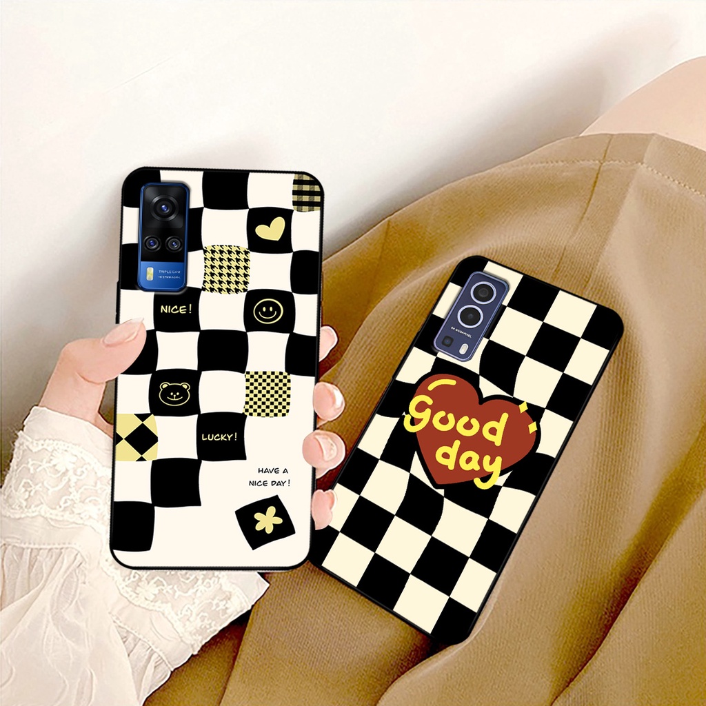 Ốp lưng Vivo Y51 2020 - Vivo Y53s - Vivo Y72 5G in hoạ tiết caro trái tim đen trắng, gấu bear cute đáng yêu