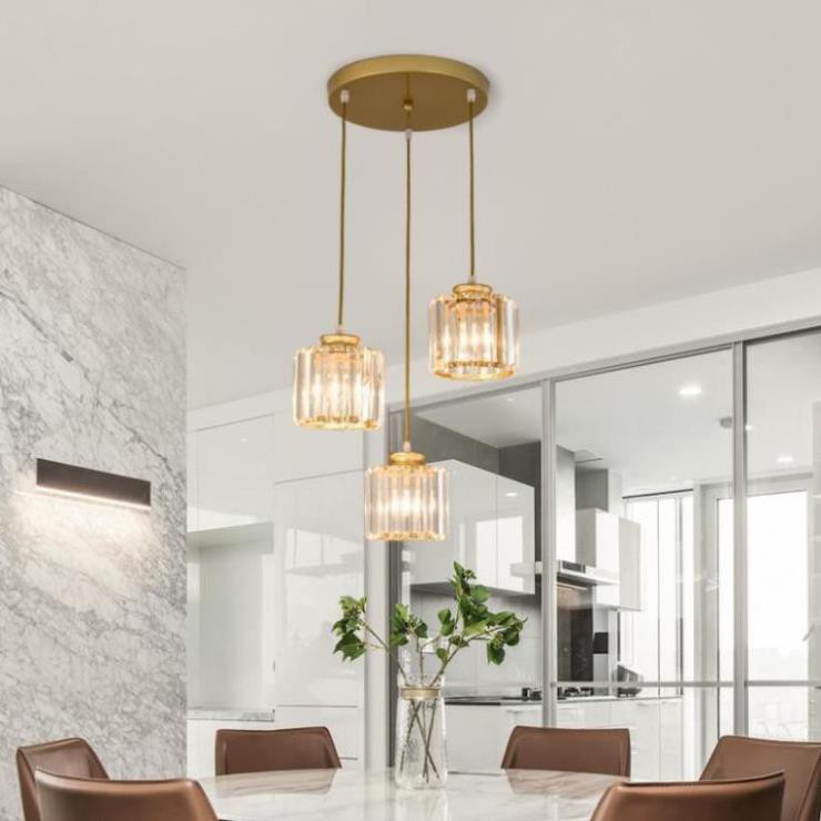 Đèn Thả Trần - Đèn Thả Bàn Ăn BỘ 3 chao vàng Pha Lê Trang Trí Hiện Đại - kèm bóng LED và đế ốp trần-bảo hành 1 năm