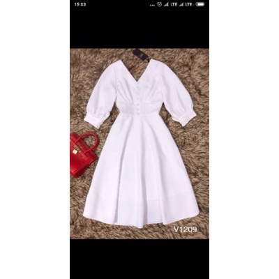 Váy cổ V tay bồng 2 màu đỏ trắng Thiết kế DVC