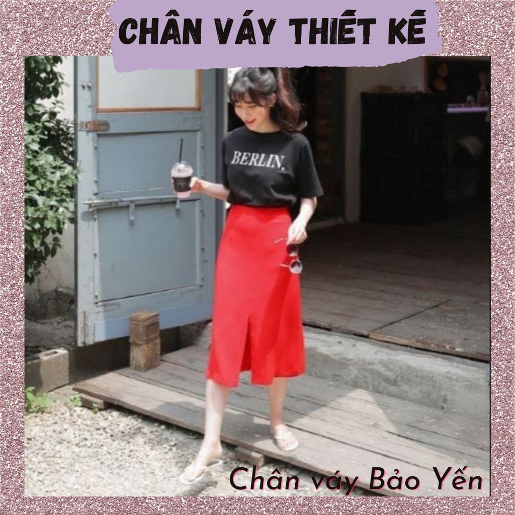Chân váy dài midi chữ A màu đỏ xẻ giữa dài 70cm( sẵn size) - M56