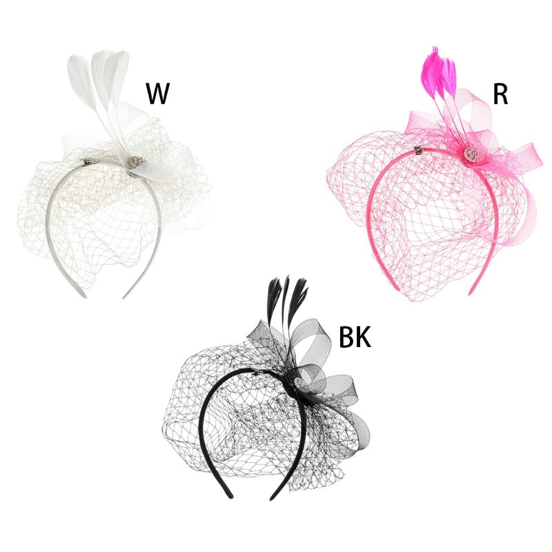 Băng đô cài tóc phối lưới che mặt đính kim cương và lông vũ