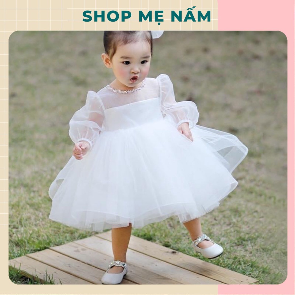 Đầm bé gái tay phồng dáng xòe công chúa voan trắng - Shop Mẹ Nấm