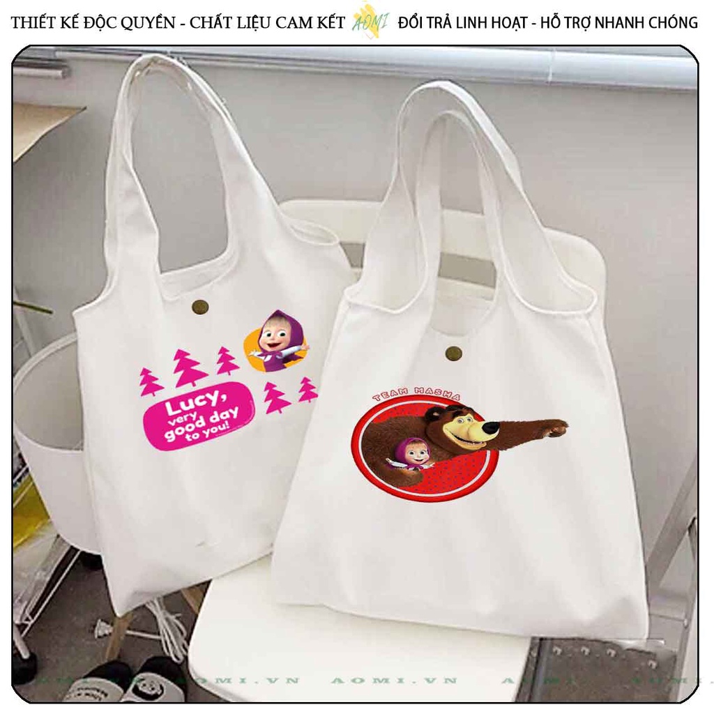 TOTE CANVAS masha and bear FORM TRÒN TÚI VẢI ĐEO VAI BAG NÚT BẤM SIZE LỚN AOMIVN DU LỊCH DẠO PHỐ CÁ TÍNH