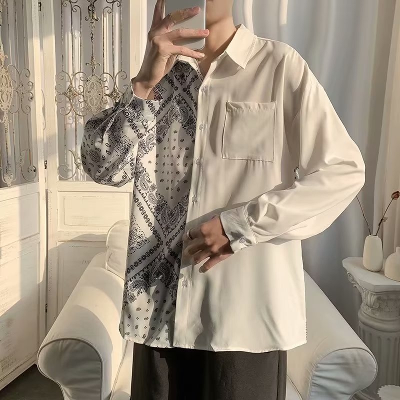Áo Sơ Mi Tay Dài Dáng Rộng In Họa Tiết Kiểu Retro Nhật Hàn Thời Trang Cho Nam