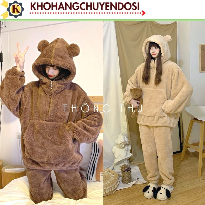 Bộ Ngủ Lông Cừu Mũ Tai Gấu Màu Be Nâu Siêu Xinh, Bộ quần ao ngủ nữ mùa đông ấm áp dày dặn, áo lông nữ - THÔNGTHU