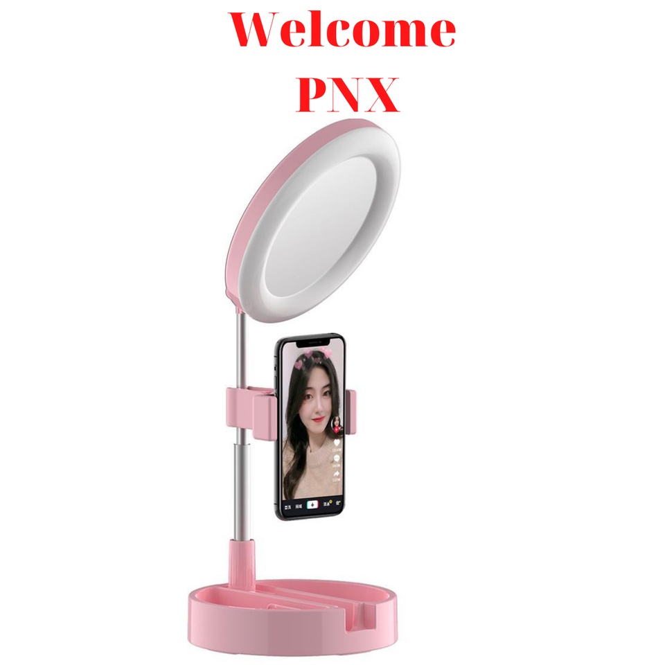 Gương Tròn Trang Điểm Có Đèn Led Trợ Sáng, Đèn Chỉnh 3 Màu, Tăng Giảm Chiều Cao, Gấp Gọn, Livestream, Tiktok, Bigo, FB