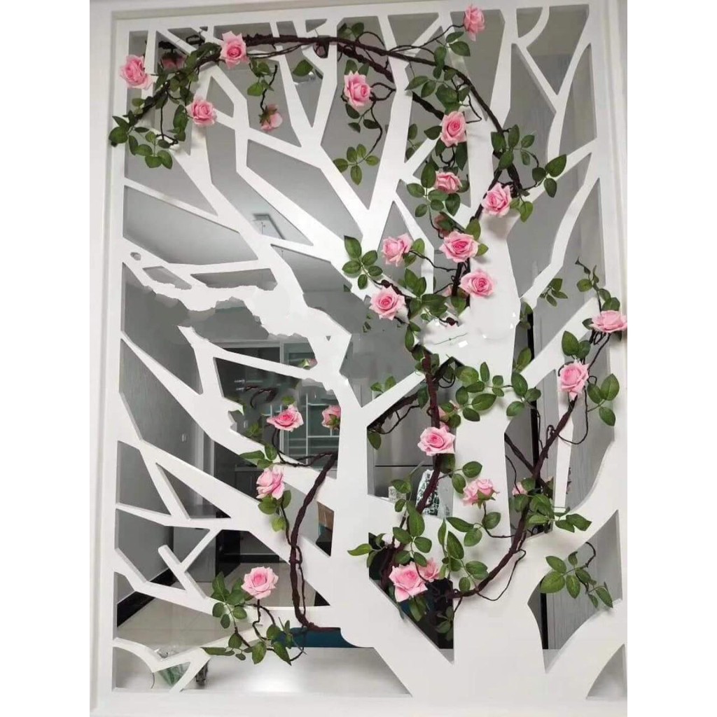 Hoa lụa, dây hoa hồng kim cương cao cấp dài 3m trang trí tường phòng khách, ban công