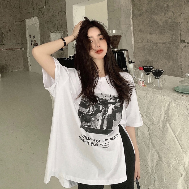 Áo thun SUXI tay ngắn dáng rộng in họa tiết phong cách retro thời trang mùa hè năng động cho nữ