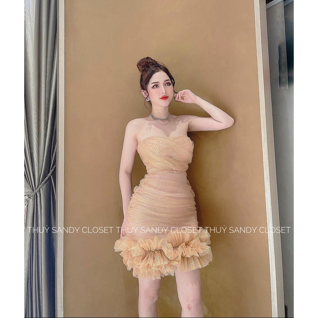Đầm body phối bèo cúp ngực có mút ngực