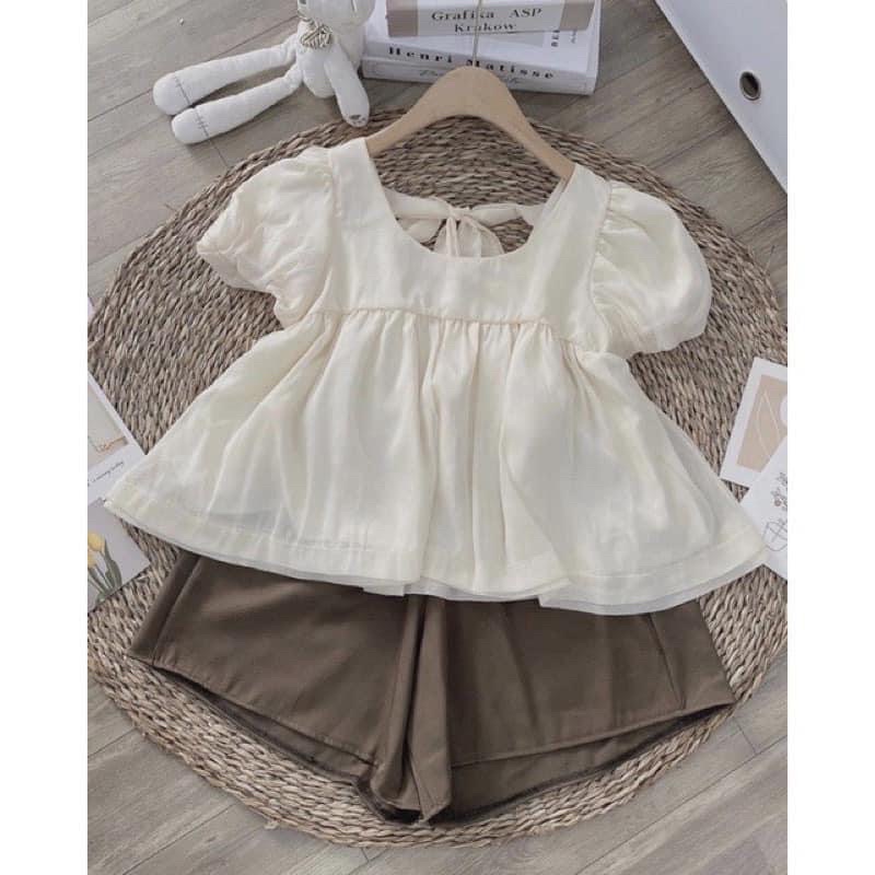 Set bộ áo babydoll tay bồng nơ lưng chất voan tơ và quần ống rộng cạp cao, set bộ tiểu thư