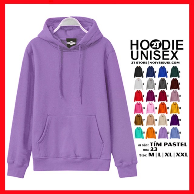 Áo hoodie unisex 2T Store H23 màu tím pastel - Áo khoác nỉ chui đầu nón 2 lớp dày dặn đẹp chất lượng