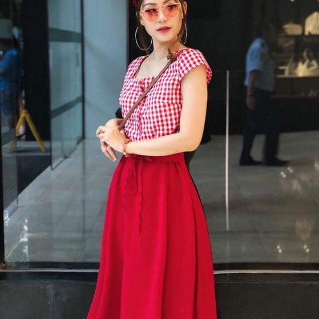 Set áo caro chân váy đỏ