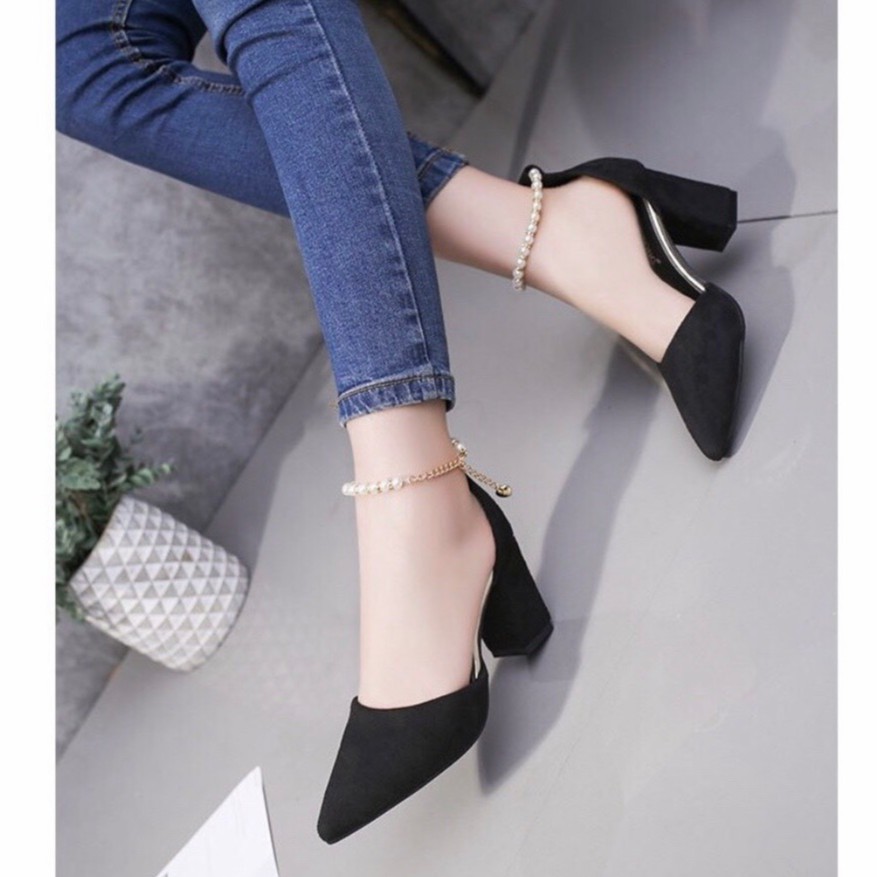 Giày cao gót 7cm bít mũi vòng cổ chuỗi ngọc bít gót (có ảnh thật)