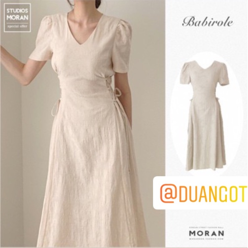 (ORDER) Váy MORAN cổ V rút dây eo hai bên thon gọn xòe dài kiểu Pháp đơn giản vintage (NEW_HOT)