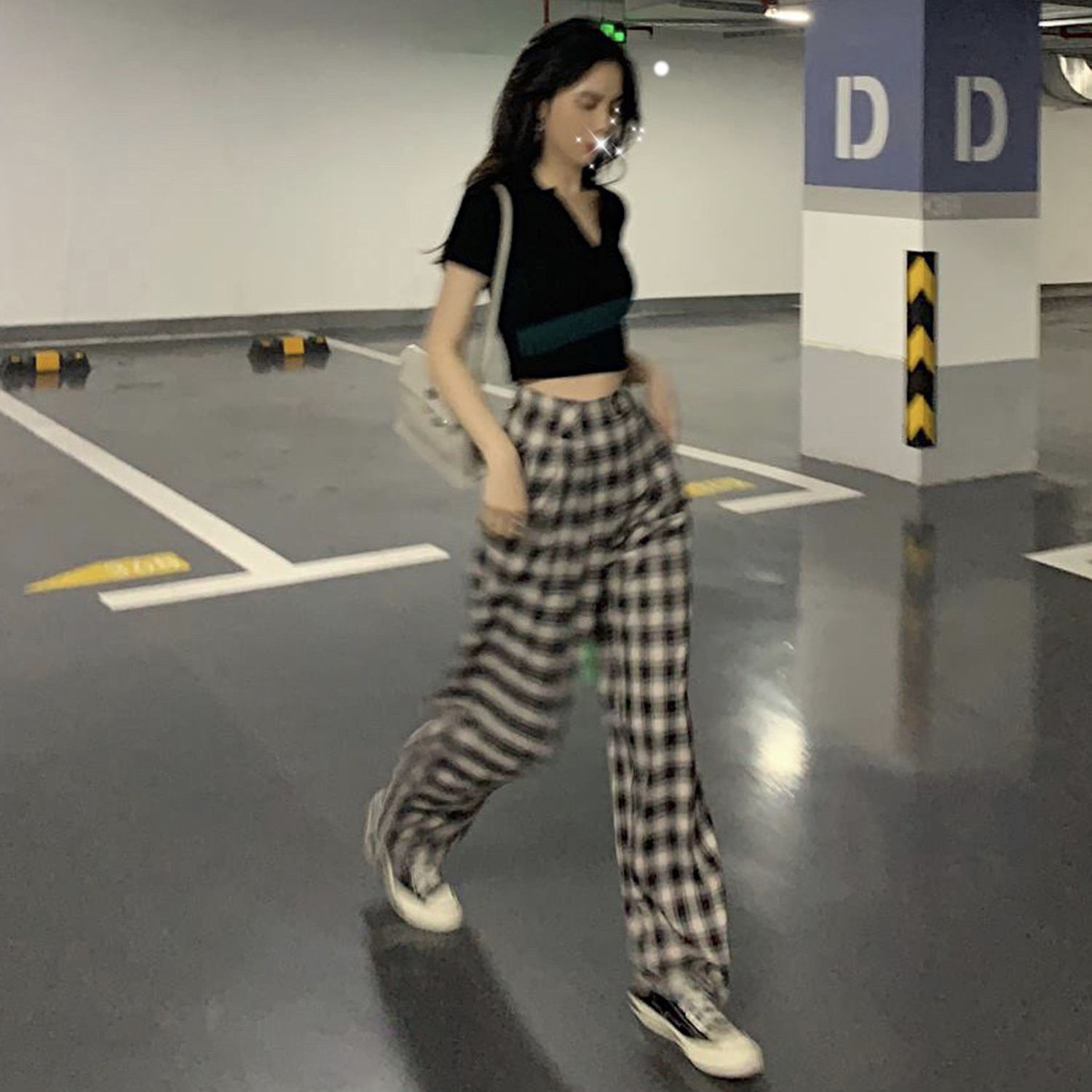 High waist retro plaid pants large size wide leg pants women loose trousers Korean version of the new