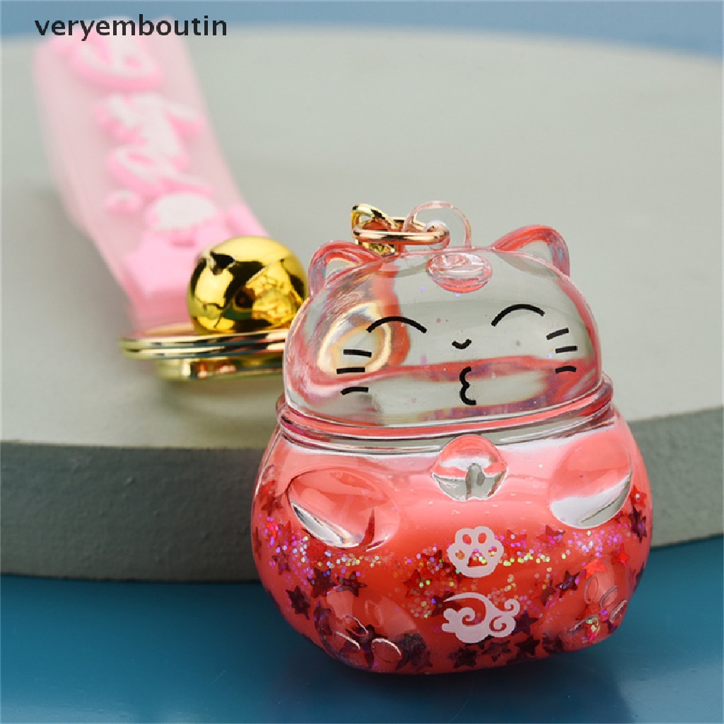 【in】 Cartoon Transparent Lucky Cat Keychain Creative Acrylic Floating Bottle Keychain .