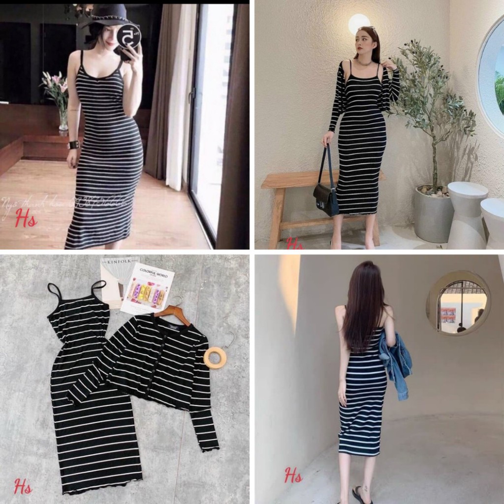 Set Váy Dài Kẻ Sọc Đen Trắng Kèm Áo Khoác Chất Liệu Vải Thun Giãn Mẫu Y Ảnh